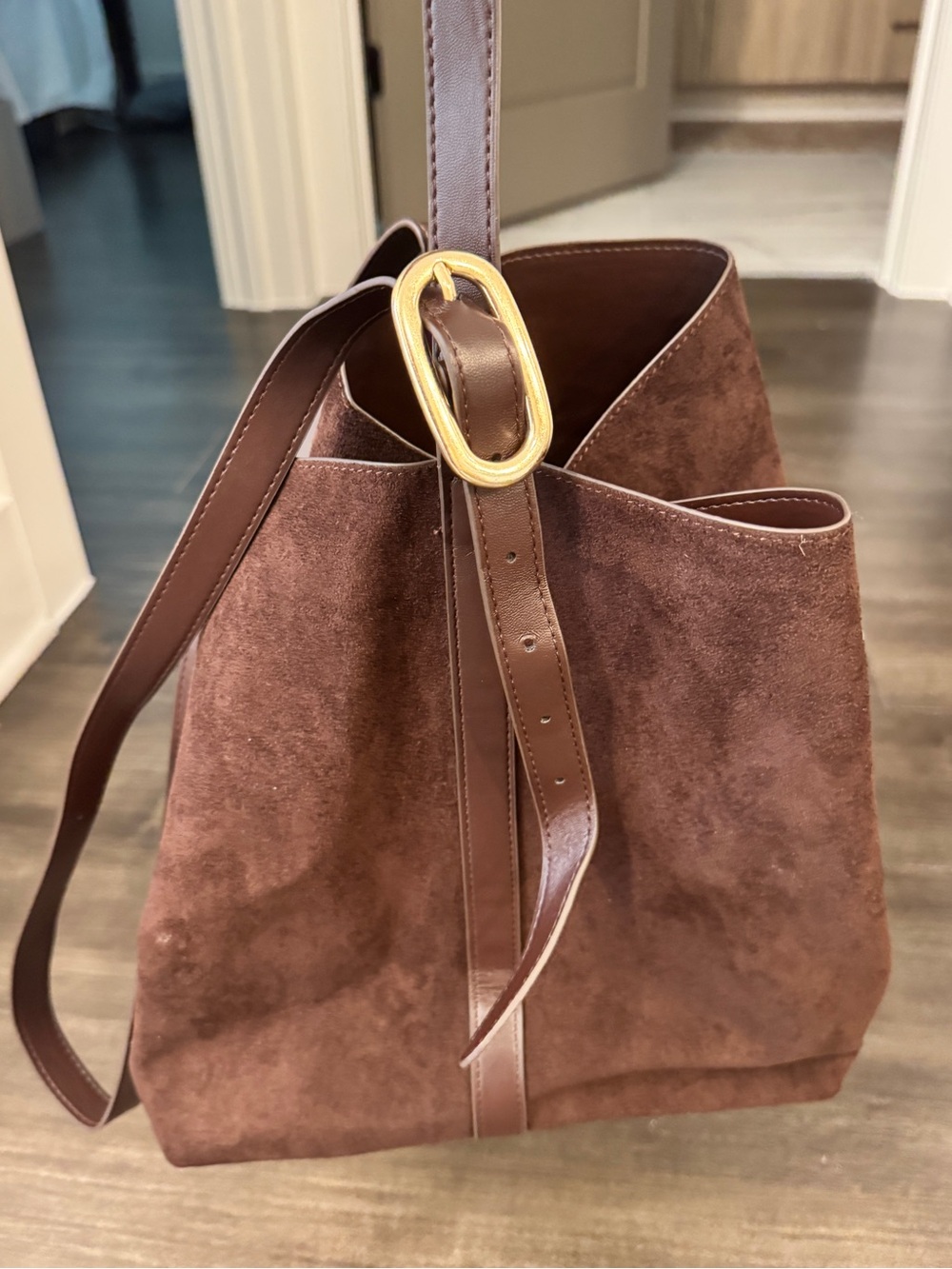 Brown Suede Bucket Bag with Gold Buckle